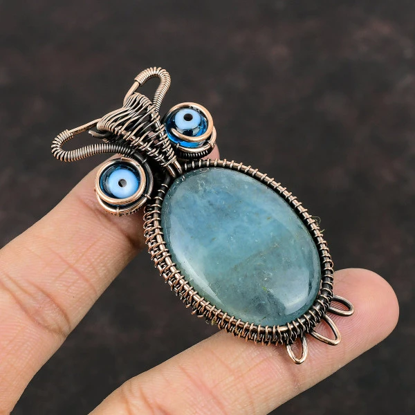 Aquamarine Oval Blue Handmade Copper Wire Wrapped Pendant