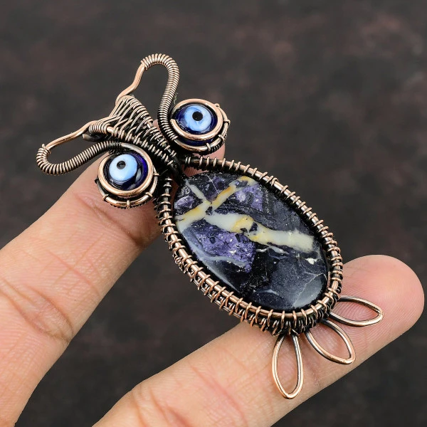Tiffany Jasper Oval Purple Handmade Copper Wire Wrapped Pendant