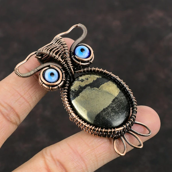 Pyrite Oval Black Handmade Copper Wire Wrapped Pendant