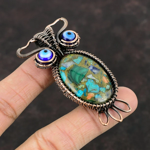 Copper Multi Turquoise Oval Green Handmade Copper Wire Wrapped Pendant