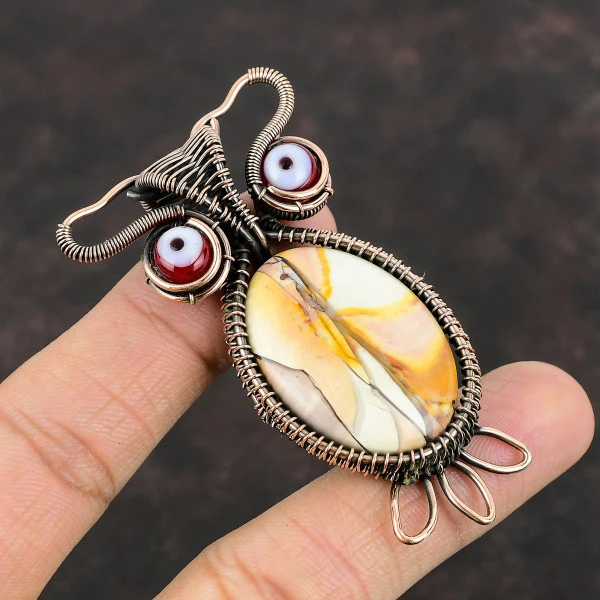 Brecciated Mookaite Oval Yellow Handmade Copper Wire Wrapped Pendant