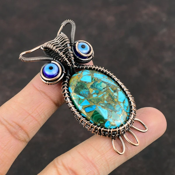 Copper Blue Turquoise Oval Blue Handmade Copper Wire Wrapped Pendant