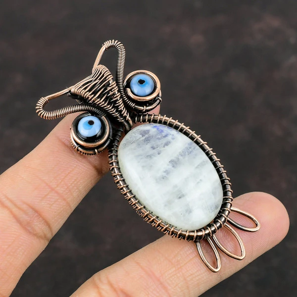 Rainbow Moonstone Oval White Handmade Copper Wire Wrapped Pendant