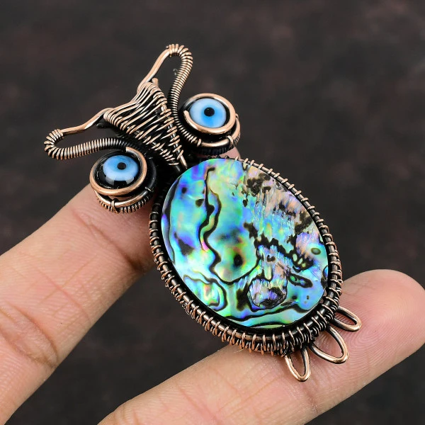 Abalone Shell Oval Green Handmade Copper Wire Wrapped Pendant