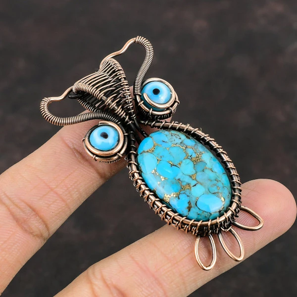 Copper Blue Turquoise Oval Blue Handmade Copper Wire Wrapped Pendant