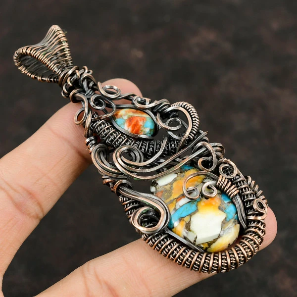 Spiny Oyster Copper Turquoise Oval Orange Handmade Copper Wire Wrapped Pendant