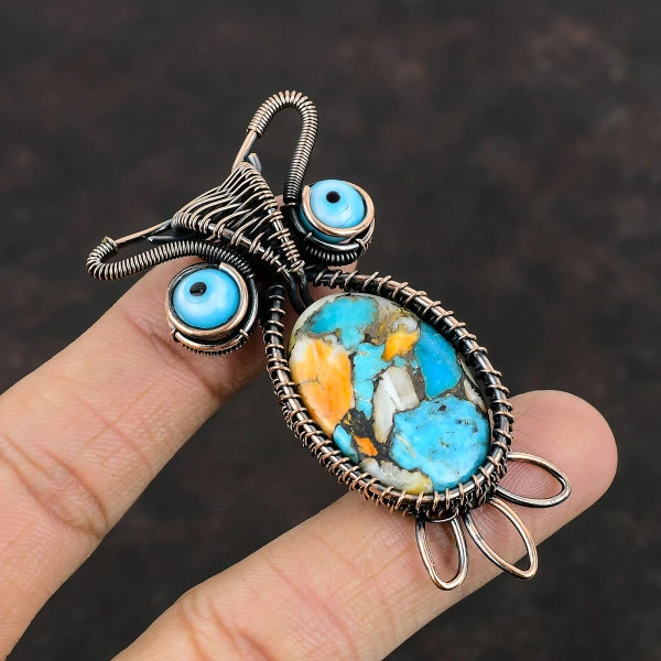 Spiny Oyster Copper Turquoise Oval Blue Handmade Copper Wire Wrapped Pendant