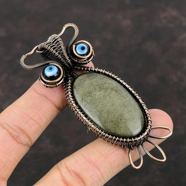 Silver Sheen Obsidian Oval Black Handmade Copper Wire Wrapped Pendant