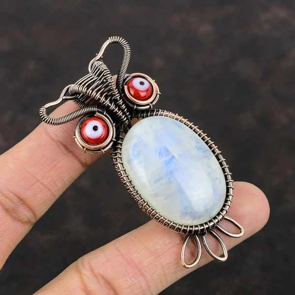 Rainbow Moonstone Oval White Handmade Copper Wire Wrapped Pendant