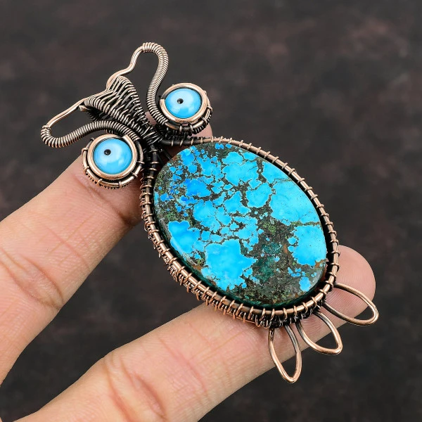 Tibetan Turquoise Oval Blue Handmade Copper Wire Wrapped Pendant