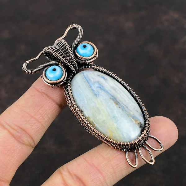 Blue Scheelite Oval Blue Handmade Copper Wire Wrapped Pendant