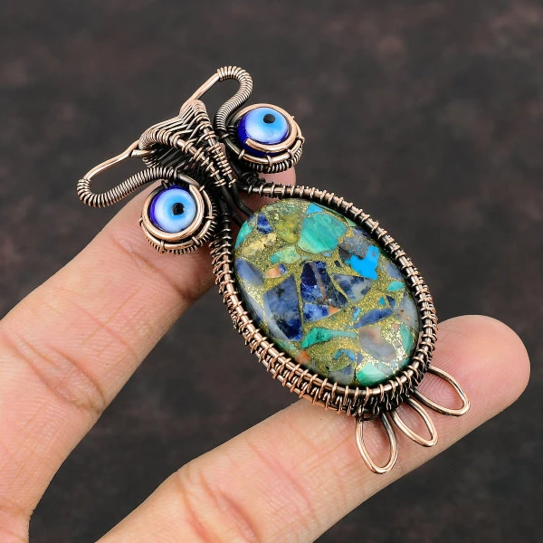 Copper Multi Turquoise Oval Blue Handmade Copper Wire Wrapped Pendant
