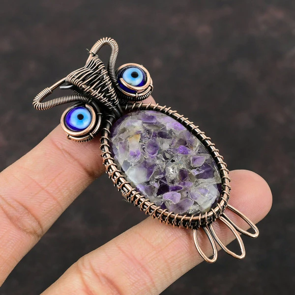 African Amethyst Oval Purple Handmade Copper Wire Wrapped Pendant
