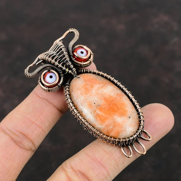 Sunstone Oval Orange Handmade Copper Wire Wrapped Pendant