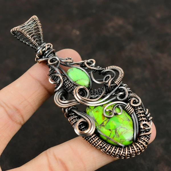 Copper Green Turquoise Oval Green Handmade Copper Wire Wrapped Pendant