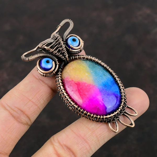Rainbow Solar Quartz Druzy Oval Blue Handmade Copper Wire Wrapped Pendant
