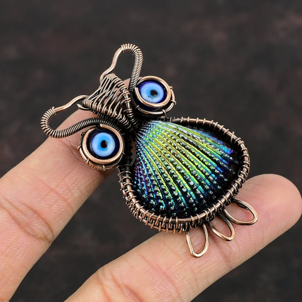Titanium Coated Shell Trillion Purple Handmade Copper Wire Wrapped Pendant