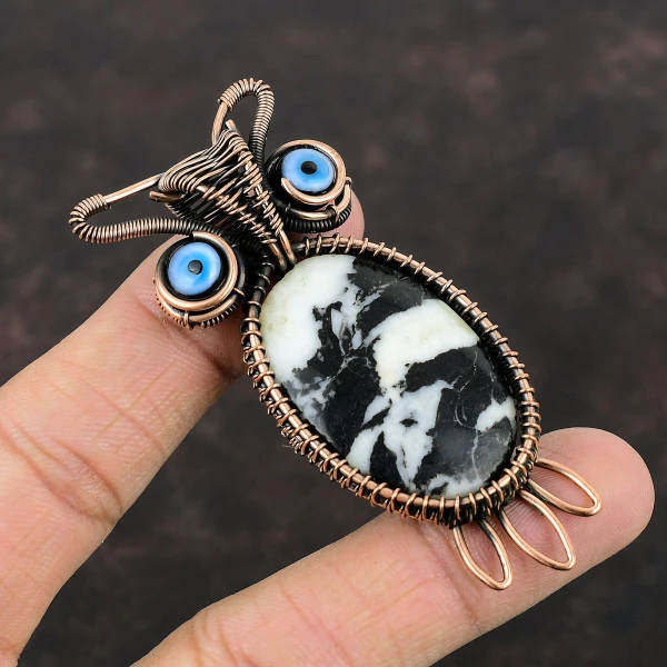 White Buffalo Turquoise Oval Black Handmade Copper Wire Wrapped Pendant