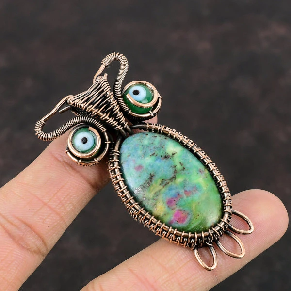 Ruby Fuchsite Oval Green Handmade Copper Wire Wrapped Pendant