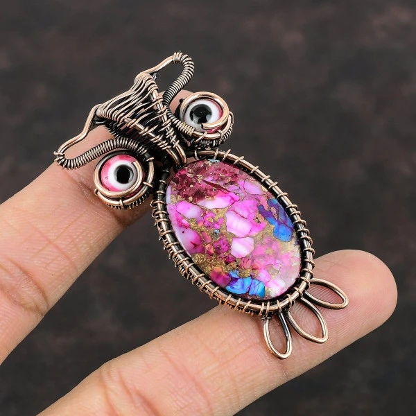 Kingman Pink Dahlia Turquoise Oval Pink Handmade Copper Wire Wrapped Pendant