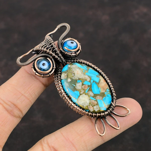 Pink Opal Copper Turquoise Oval Pink Handmade Copper Wire Wrapped Pendant