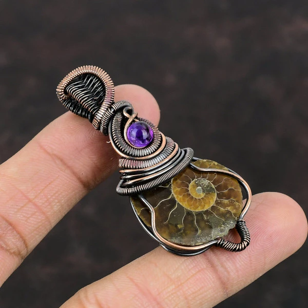 Ammonite Fossil Pear Brown Handmade Copper Wire Wrapped Pendant