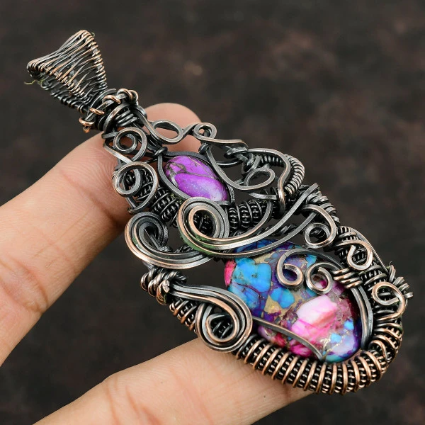 Kingman Pink Dahlia Turquoise Oval Pink Handmade Copper Wire Wrapped Pendant