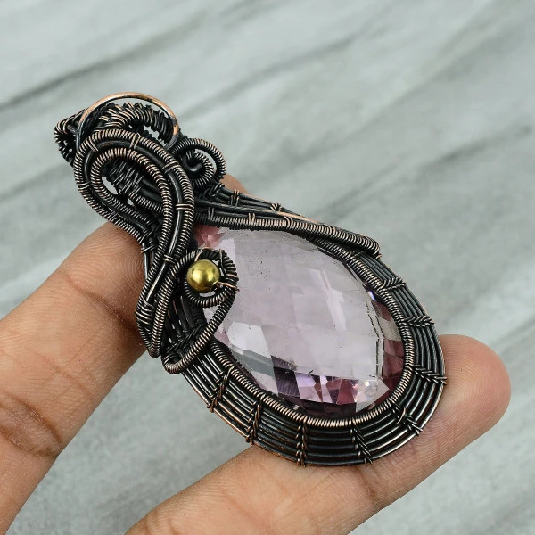 Pink Kunzite Oval Pink Handmade Copper Wire Wrapped Pendant