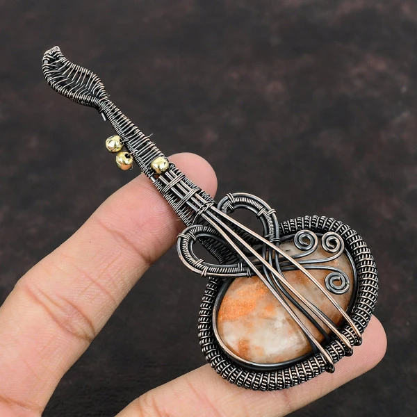 Sunstone Oval Orange Handmade Copper Wire Wrapped Pendant