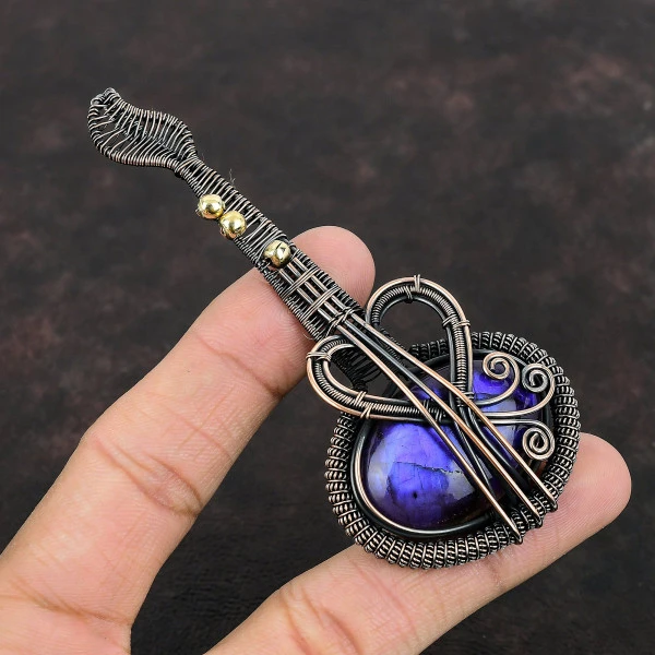 Purple Fire Labradorite Oval Purple Handmade Copper Wire Wrapped Pendant
