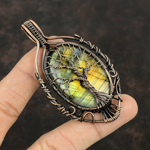 Labradorite Oval Gray Handmade Copper Wire Wrapped Pendant