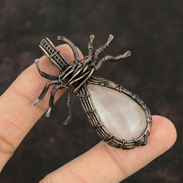 Rose Quartz Pear Pink Handmade Copper Wire Wrapped Pendant
