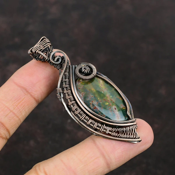 Bloodstone Oval Green Handmade Copper Wire Wrapped Pendant
