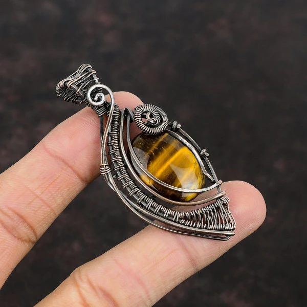 Tiger's Eye Oval Yellow Handmade Copper Wire Wrapped Pendant