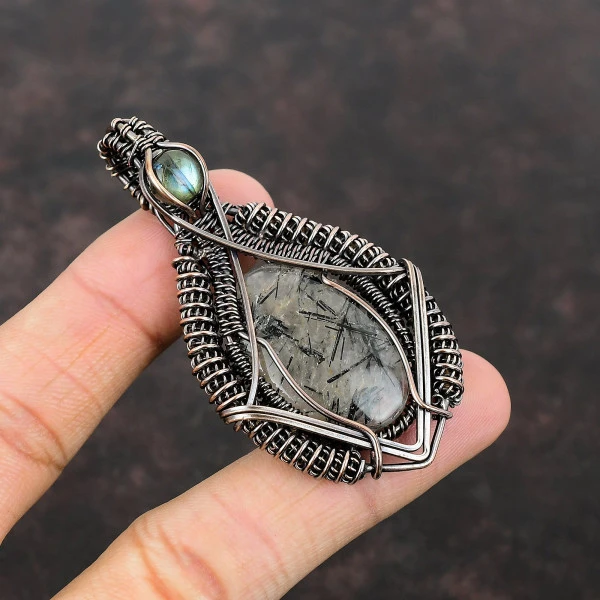 Black Rutile Oval White Handmade Copper Wire Wrapped Pendant