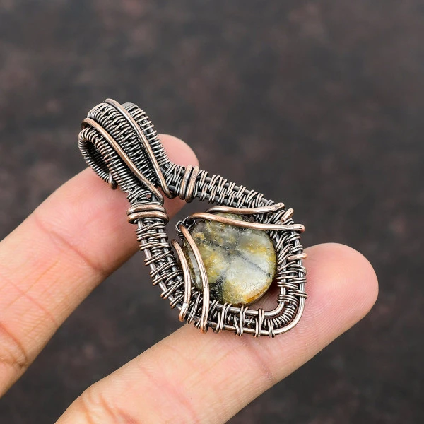 Chiastolite Round Brown Handmade Copper Wire Wrapped Pendant