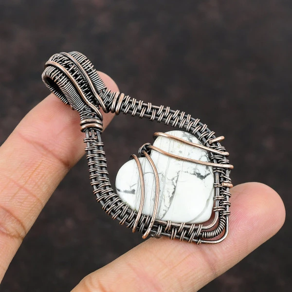 Howlite Heart White Handmade Copper Wire Wrapped Pendant