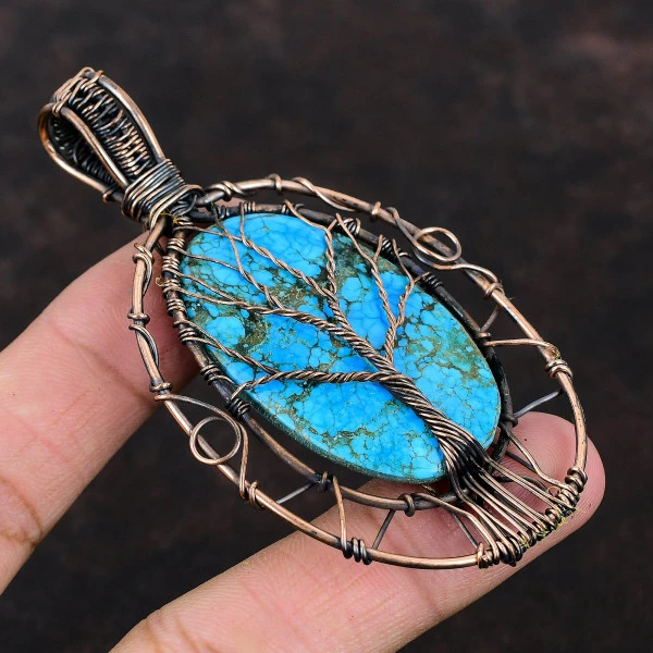 Tibetan Turquoise Oval Blue Handmade Copper Wire Wrapped Pendant