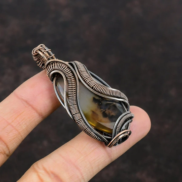 Montana Agate Oval Black Handmade Copper Wire Wrapped Pendant