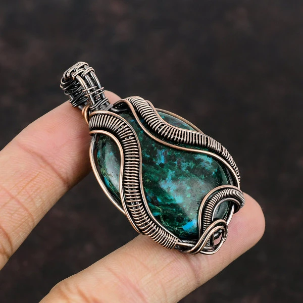Chrysocolla Oval Green Handmade Copper Wire Wrapped Pendant