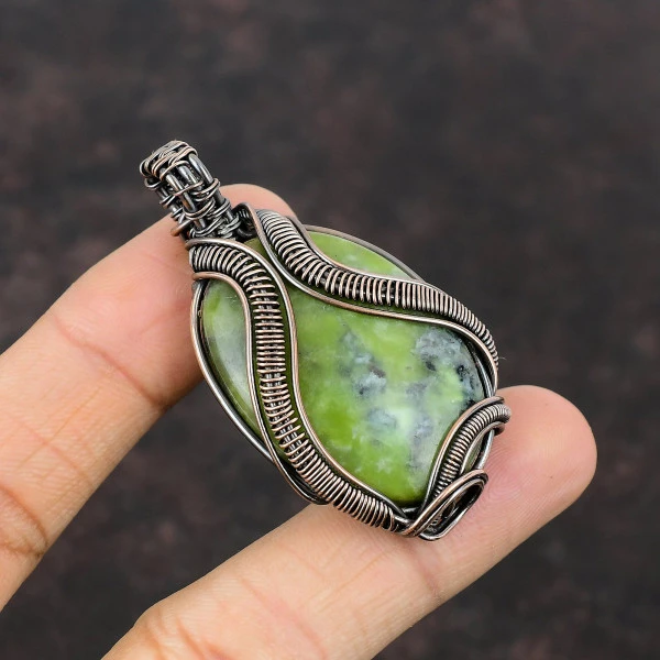 Serpentine Oval Green Handmade Copper Wire Wrapped Pendant