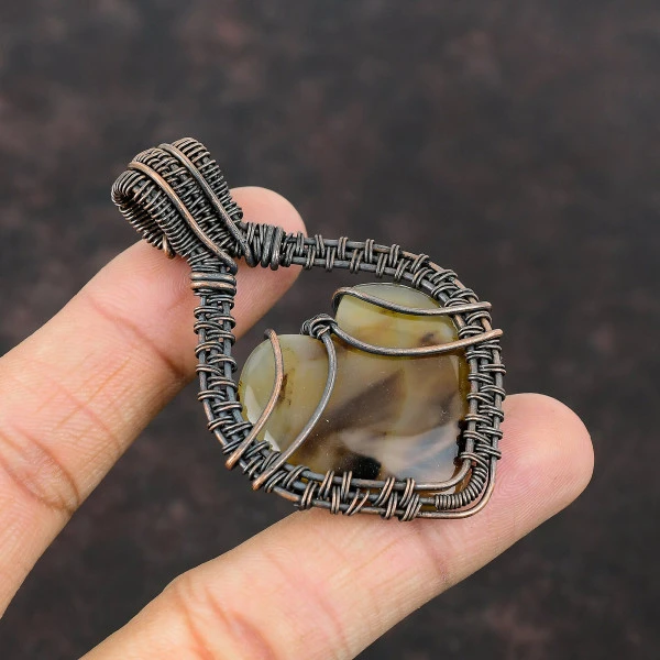 Montana Agate Heart Black Handmade Copper Wire Wrapped Pendant