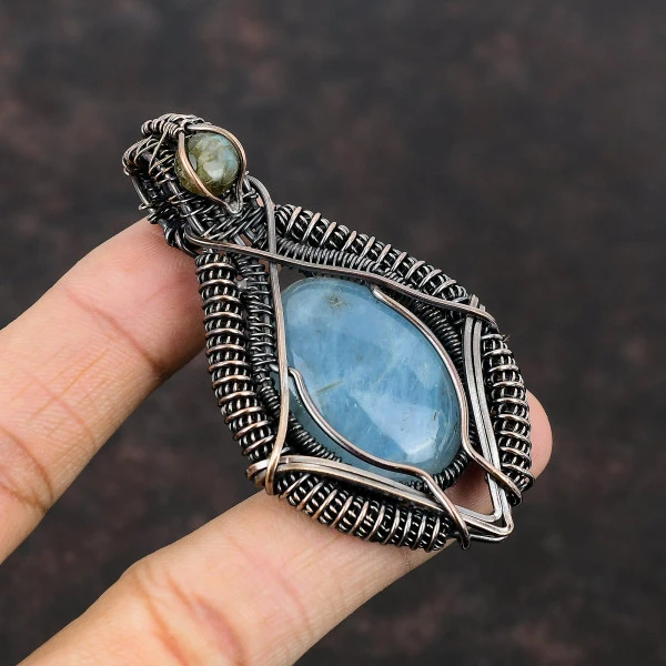 Aquamarine Oval Blue Handmade Copper Wire Wrapped Pendant