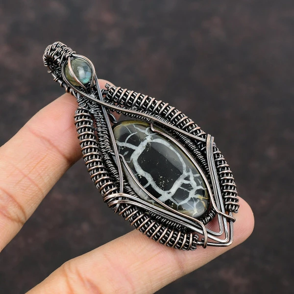 Moroccan Mud Crack Fossil Oval Black Handmade Copper Wire Wrapped Pendant