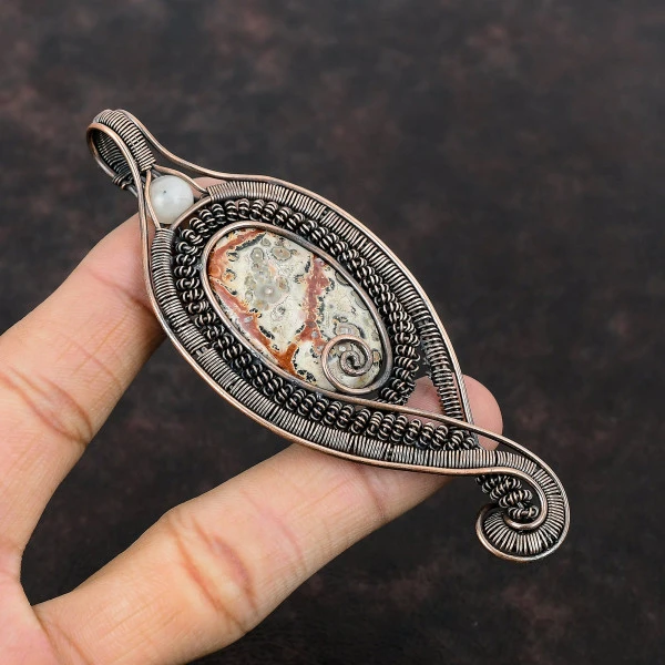 Ocean Jasper Oval White Handmade Copper Wire Wrapped Pendant