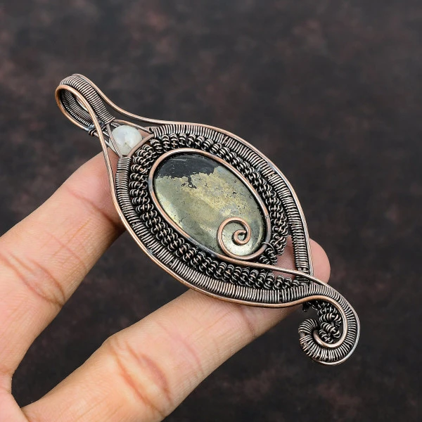 Pyrite Oval Gold Handmade Copper Wire Wrapped Pendant
