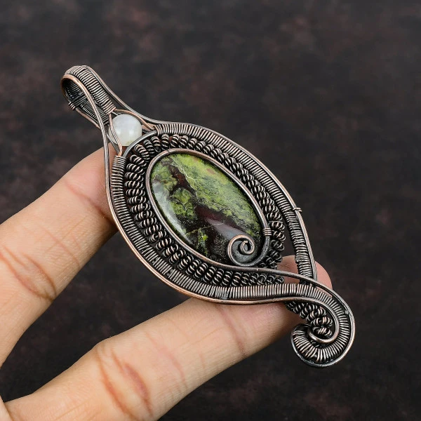 Dragon Bloodstone Oval Green Handmade Copper Wire Wrapped Pendant