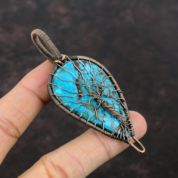 Tibetan Turquoise Pear Blue Handmade Copper Wire Wrapped Pendant
