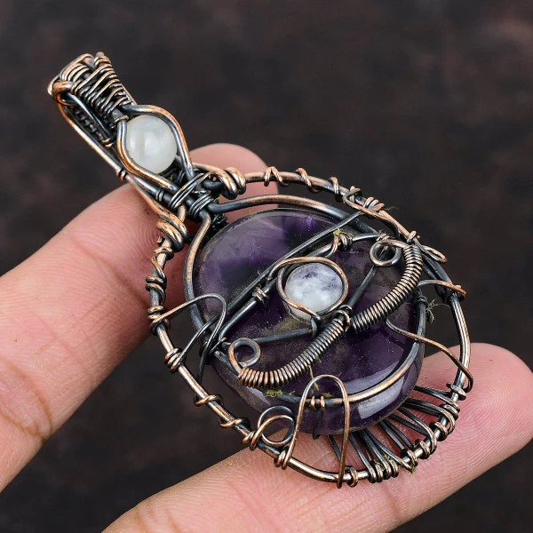 Star Amethyst Oval Purple Handmade Copper Wire Wrapped Pendant