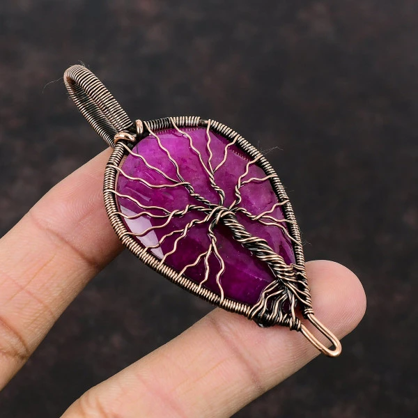 Kashmir Ruby Pear Red Handmade Copper Wire Wrapped Pendant